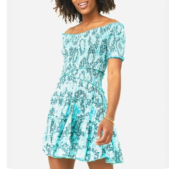 Poupette St Barth Soledad Mini Dress Aqua Sunflower XS NWT Vacation Island Beach - Picture 1 of 6